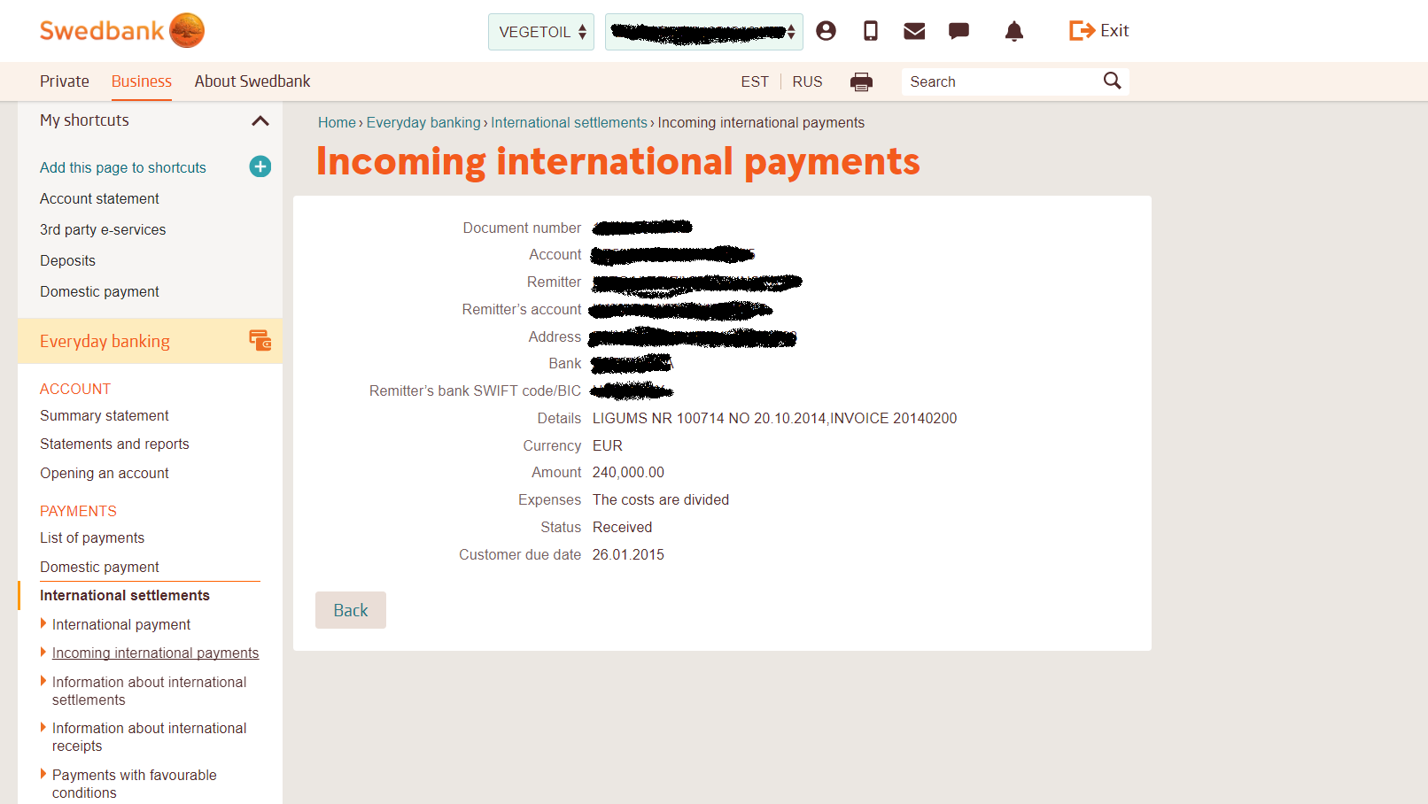 Payment from buyer